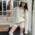 Relaxed Cable Knit Polo Neck Sweater + High-Waisted Knit Shorts Set